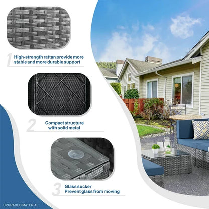Walsunny 7 Piece Outdoor Patio Conversation Set, Rattan Sectional Sofa Set, All-Weather Outdoor Modern Sectional Furniture Wicker Couch with Glass Coffee Table,Navy Blue