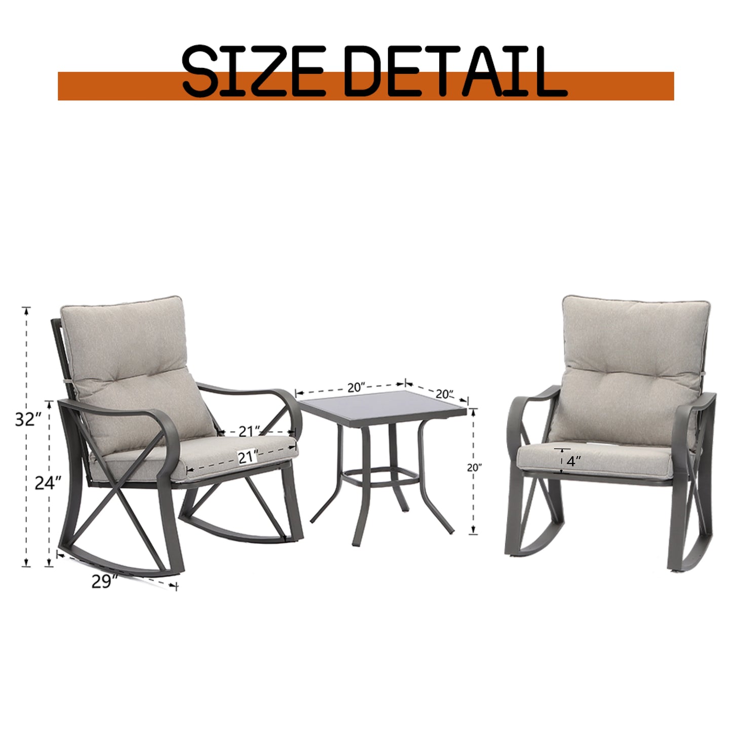 COSIEST 3 Piece Rocking Chair Bistro Set, Patio Outdoor Furniture w Cushions, Glass-Top Table
