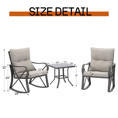 COSIEST 3 Piece Rocking Chair Bistro Set, Patio Outdoor Furniture w Cushions, Glass-Top Table