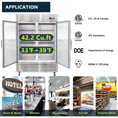 54"W Commercial Refrigerator 2 Glass Door Stainless Steel Interior and Exterior Construction Display Refrigerator 42.2 Cu.ft. Reach-in Merchandising Refrigerator Upright Fan Cooling Merchandiser
