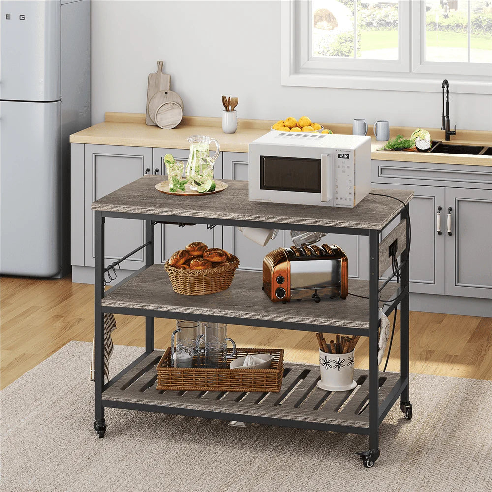 Topeakmart 3-Tier Rolling Kitchen Cart with Glass Holder and Power Outlets for Kitchen, Taupe Wood