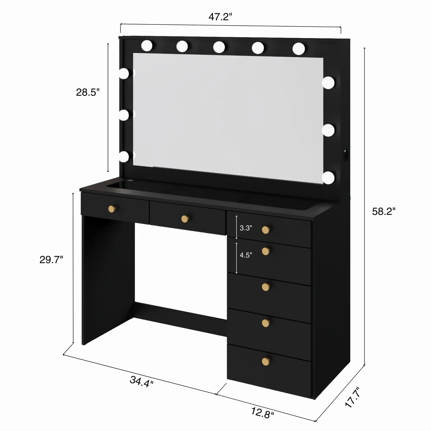 Ember Interiors Modern Large Greige Makeup Vanity Desk with Built-in Lights, Power Outlet with USB Type-C, Glass Top, 7 Drawers and Crystal Knobs