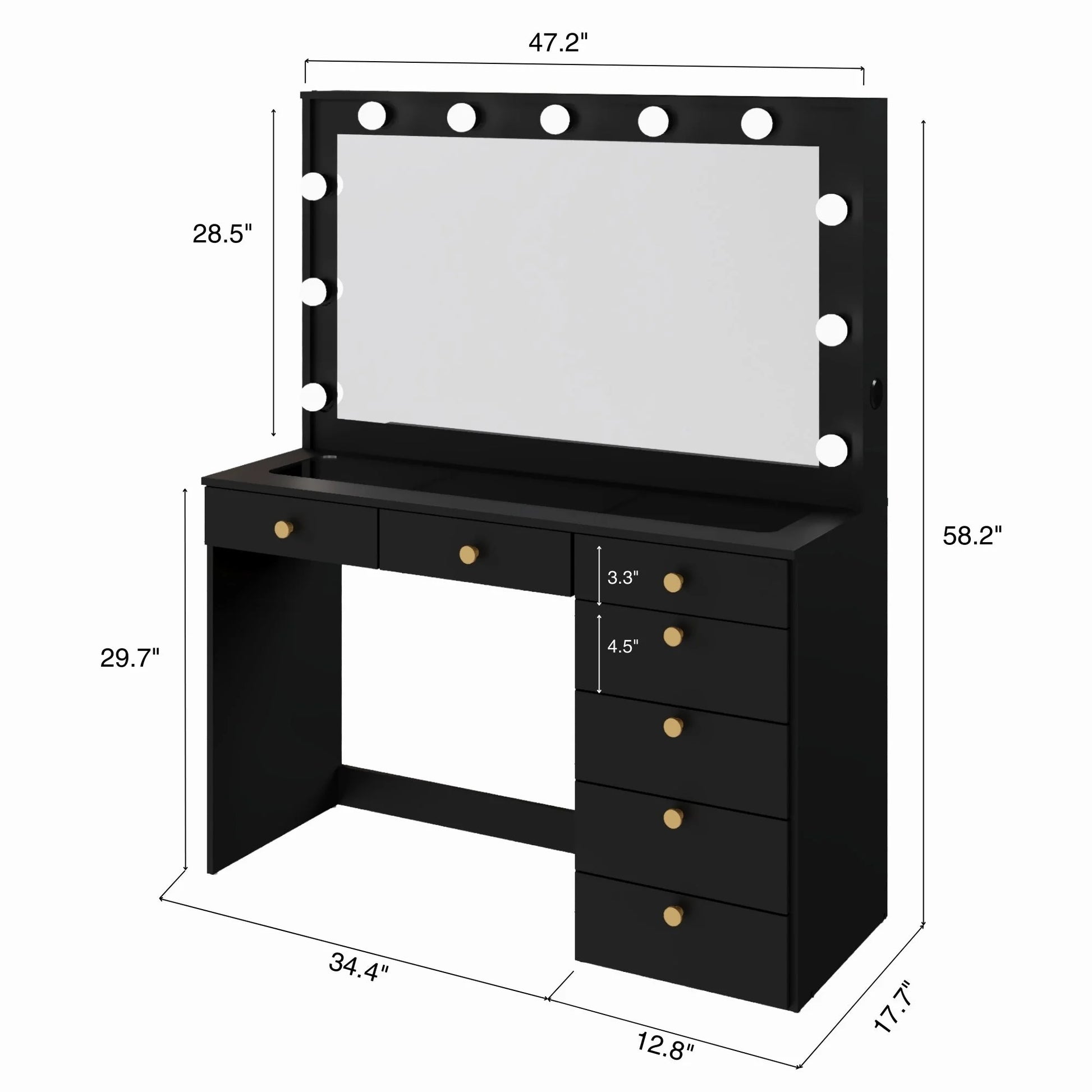 Ember Interiors Modern Large Greige Makeup Vanity Desk with Built-in Lights, Power Outlet with USB Type-C, Glass Top, 7 Drawers and Crystal Knobs
