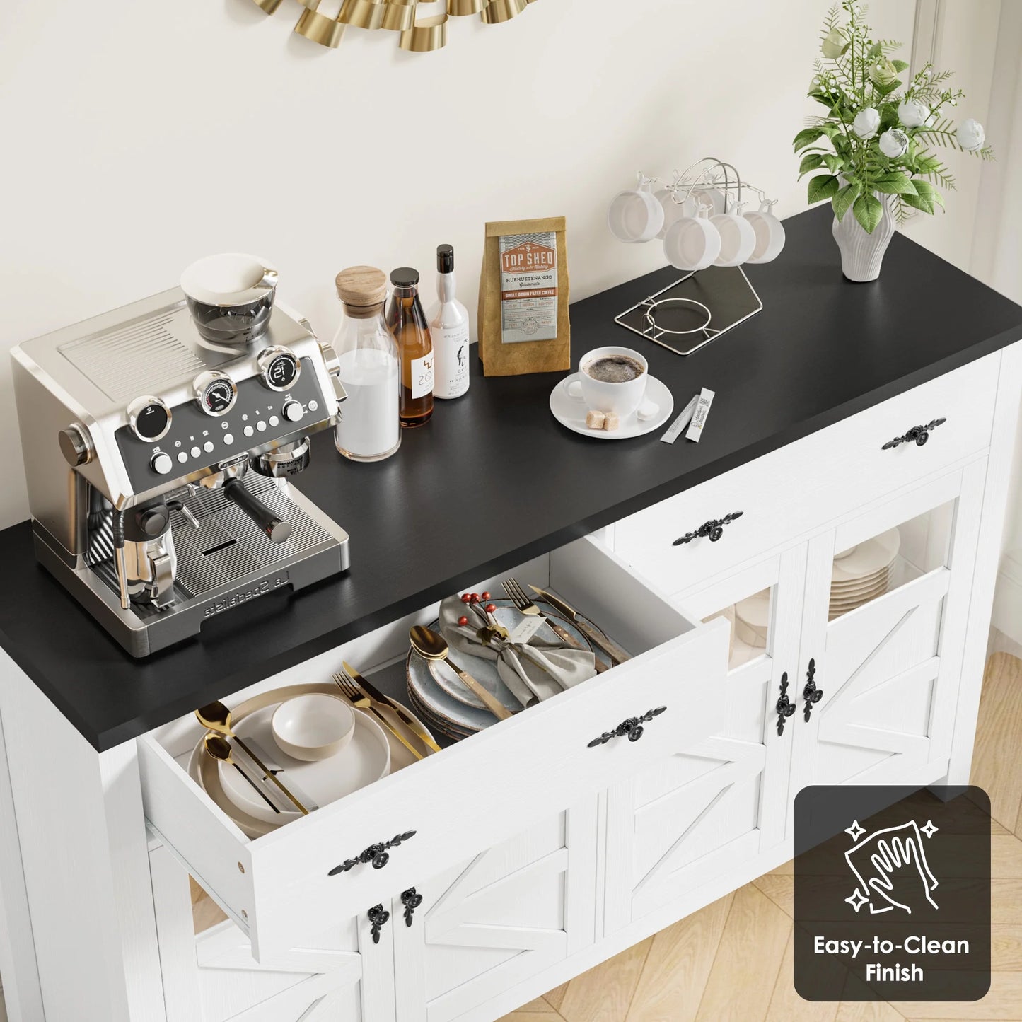 Homfa Farmhouse 55.1"WKitchen Buffet Cabinet with Storage Drawer & Adjustable Shelf, Glass Door Wood Sideboard Credenza Coffee Bar with for Dining Room Living Room, White & Black