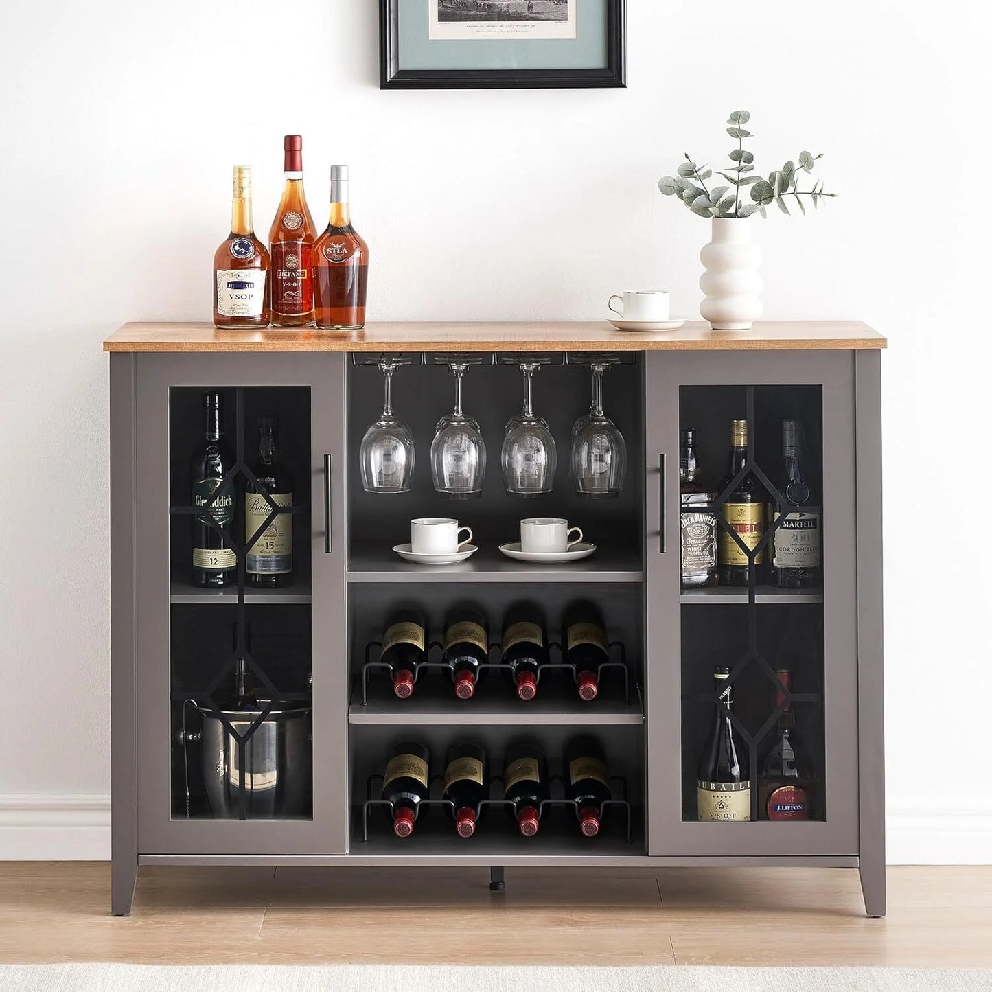 FOLDLIFE Wine Bar Cabinet with LED Lights, Liquor Cabinet Bar with Storage Cabinet, Coffee Cabinet with Bottles and Glass Rack, Buffet Sideboard with Storage Cabinet& Drawers,Dark Grey