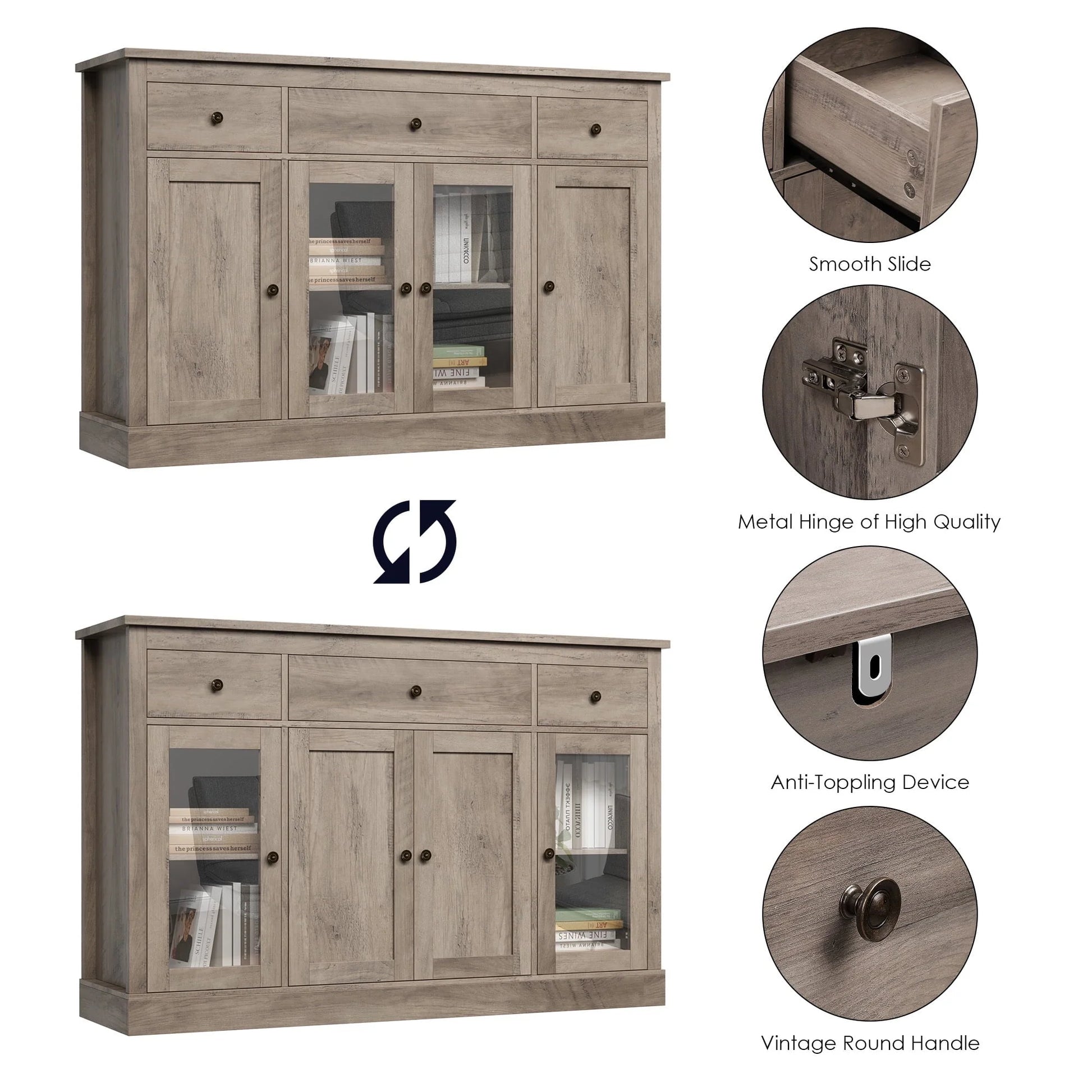 Homfa 55.1'' W Kitchen Buffet Sideboard, 3 Drawer Glass Door Accent Cabinet Coffee Bar with Adjustable Shelf for Dining Room Living Room, Gray Finish