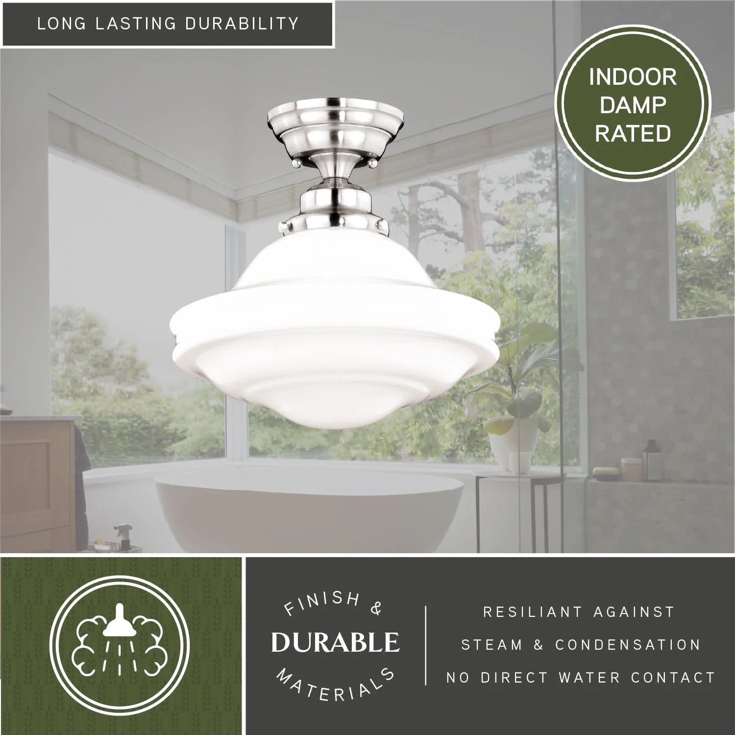 Huntley 12-in W Satin Nickel Farmhouse Schoolhouse Semi Flush Mount Ceiling Light White Glass