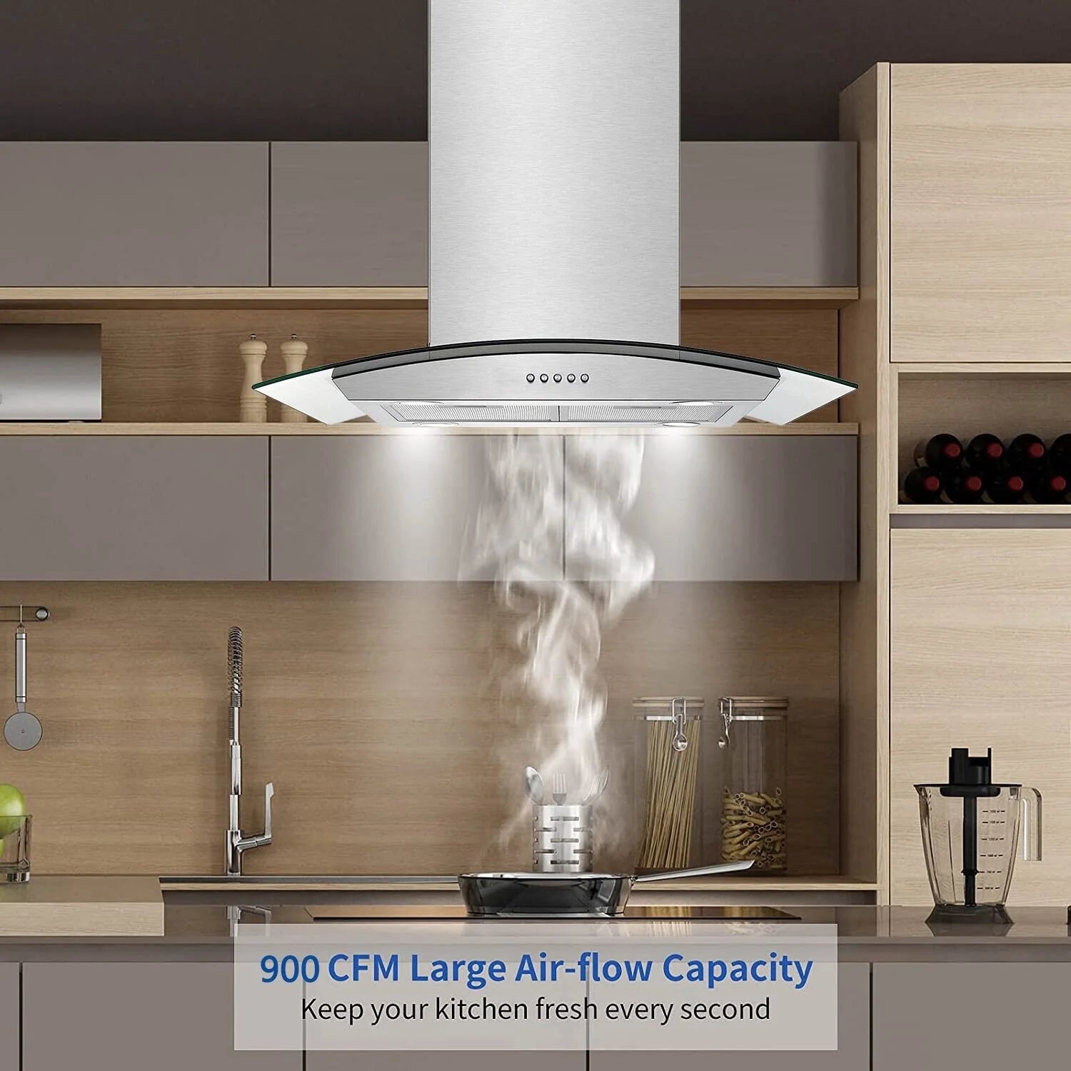 30 inch Island Mount Range Hood 900CFM Tempered Glass 3-Speed Vent Hood Stainless Steel Dishwasher