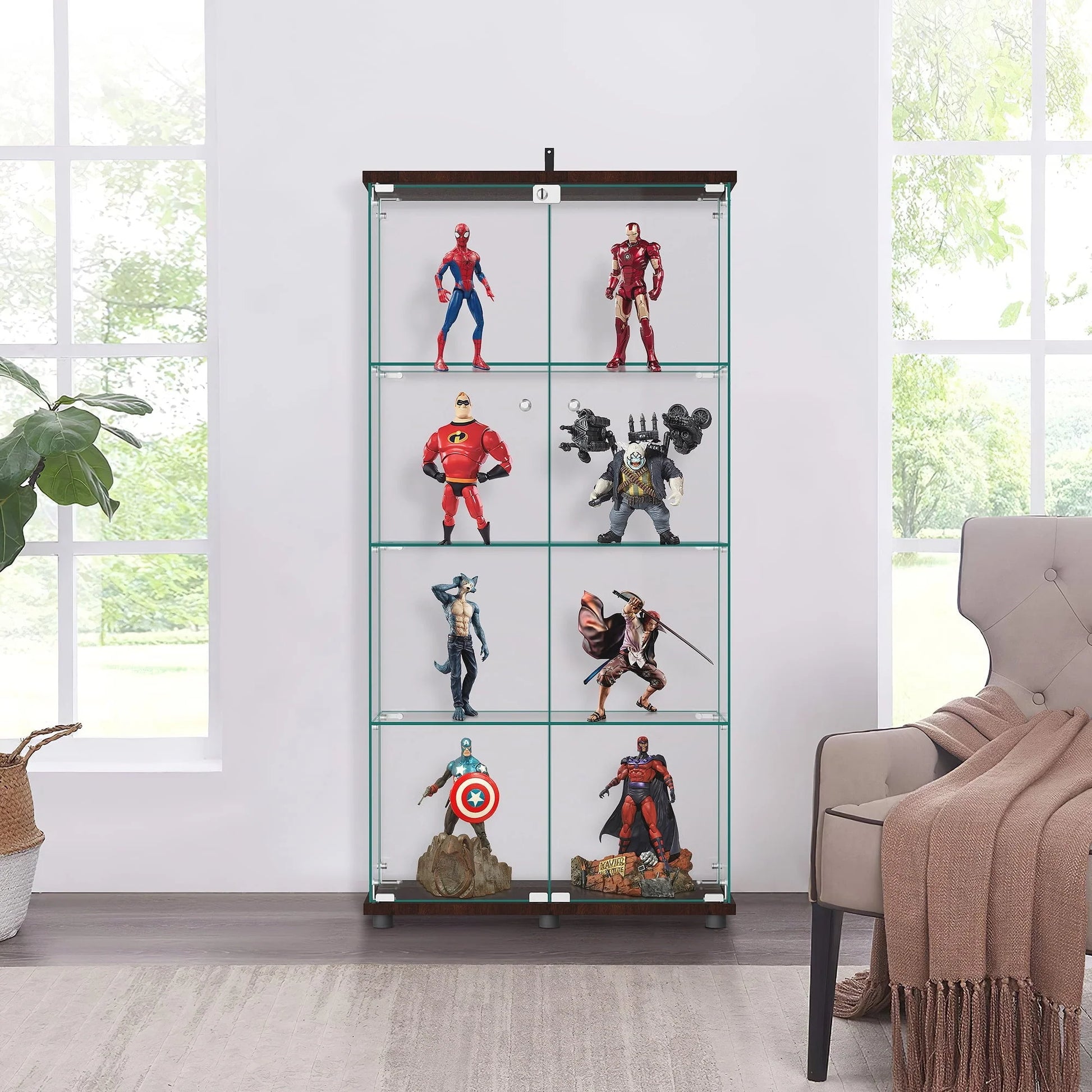 NeuType Glass Display Cabinet Bookcase Glass Frame Bookshelf Brown Double door 64.5"x32"x14.4"