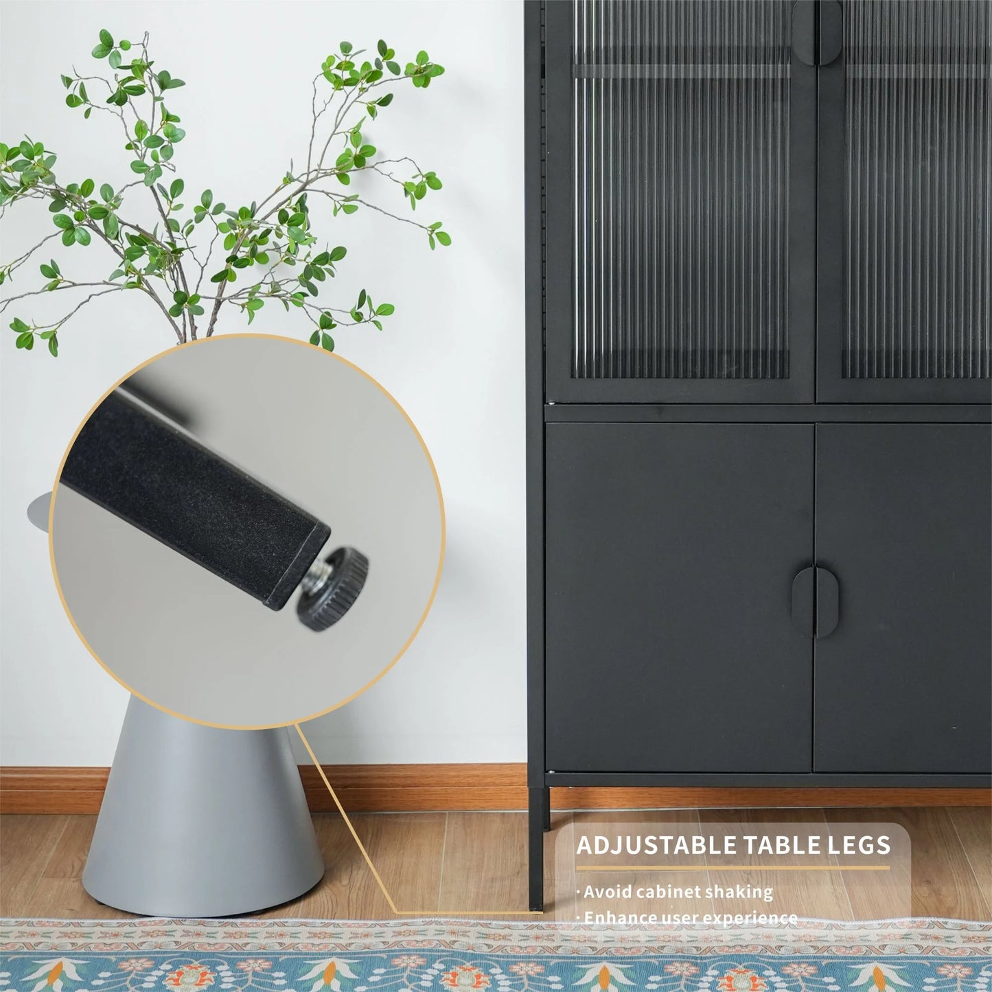 Tall 3-Shelf Steel Accent Cabinet with Fluted Glass and Upper & Lower Door-Black