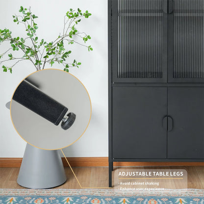 Tall 3-Shelf Steel Accent Cabinet with Fluted Glass and Upper & Lower Door-Black