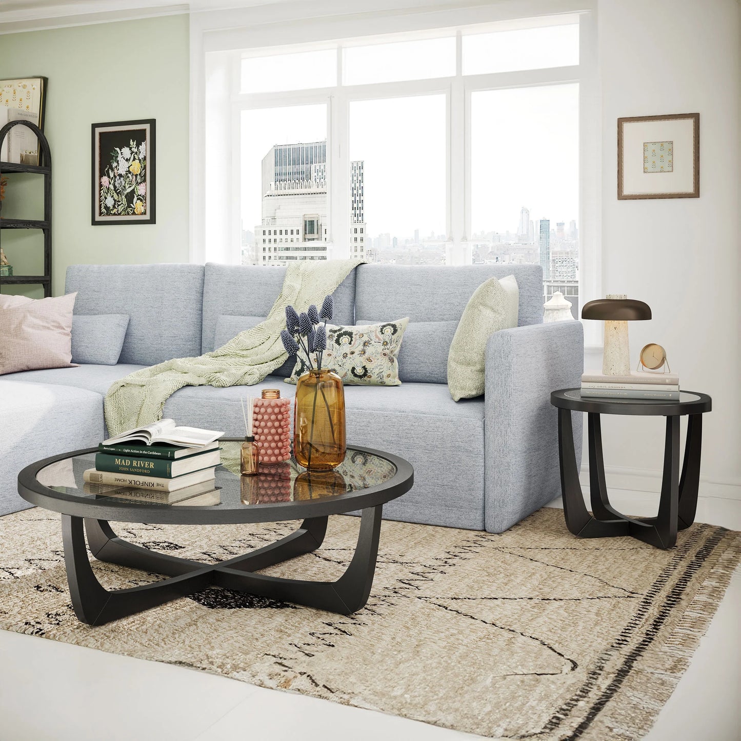 Beautiful by Drew Barrymore Round Rattan and Glass Top Coffee Table, Black