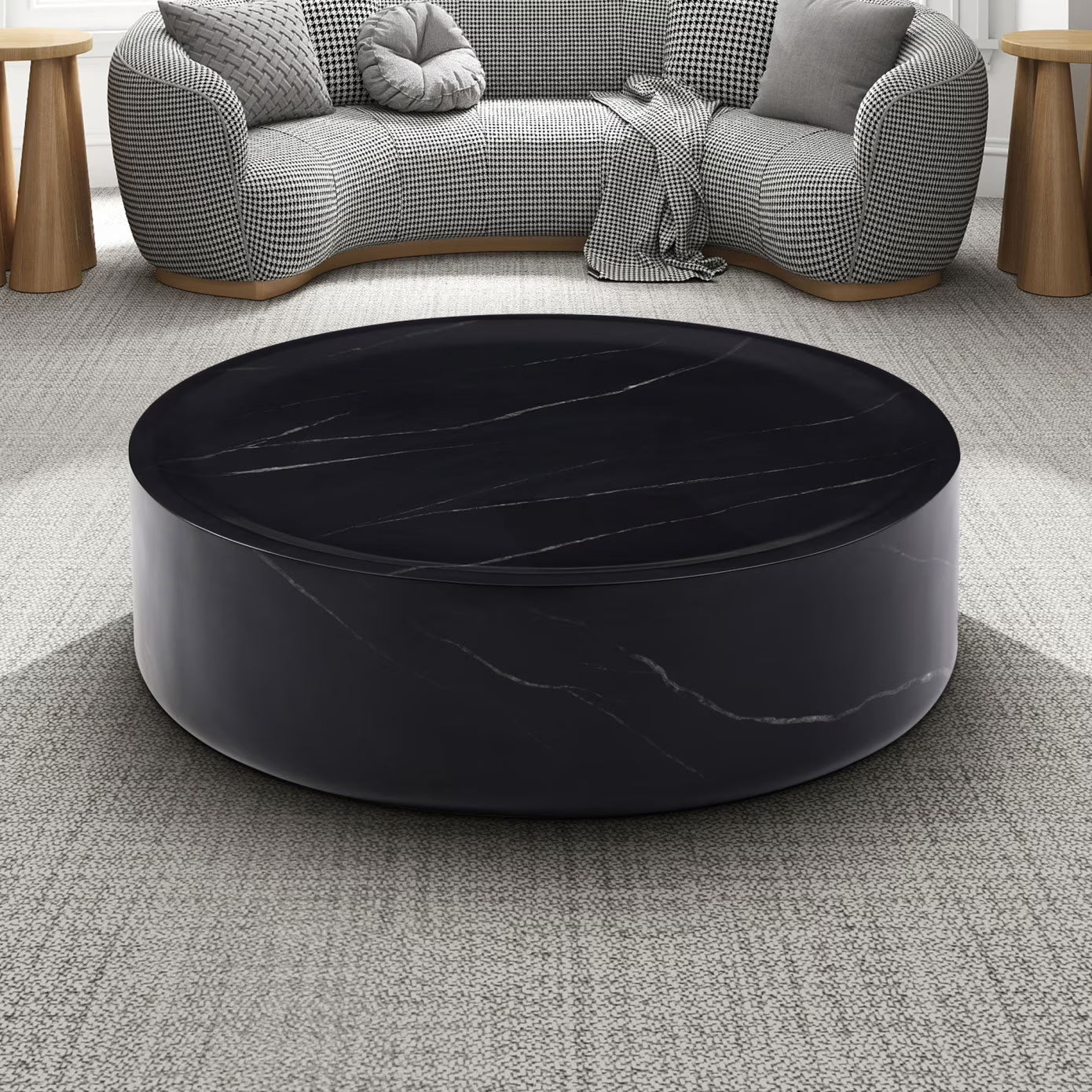 31.49'' Round Coffee Table with Marble Texture, Modern Low Drum Circle Fiberglass Coffee Table, Side Table Accent Table for Living Room, Outdoor, No Need Assembly, Marble