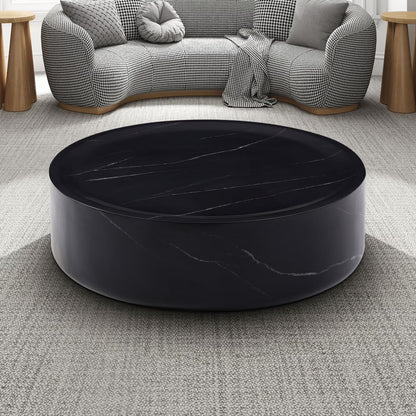 31.49'' Round Coffee Table with Marble Texture, Modern Low Drum Circle Fiberglass Coffee Table, Side Table Accent Table for Living Room, Outdoor, No Need Assembly, Marble