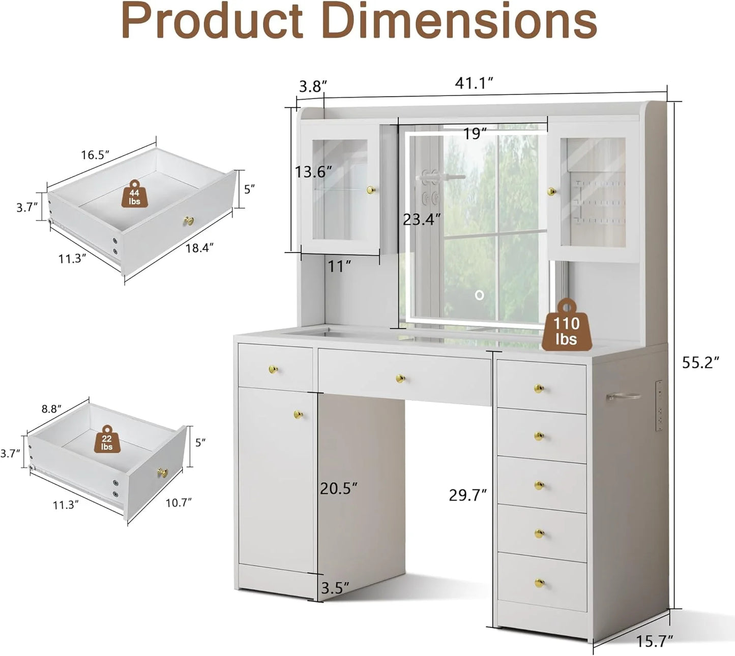 iPormis Vanity Desk with Mirror and Lights, Glass Top Makeup Vanity with RGB Light and Charging Station for Girls , White