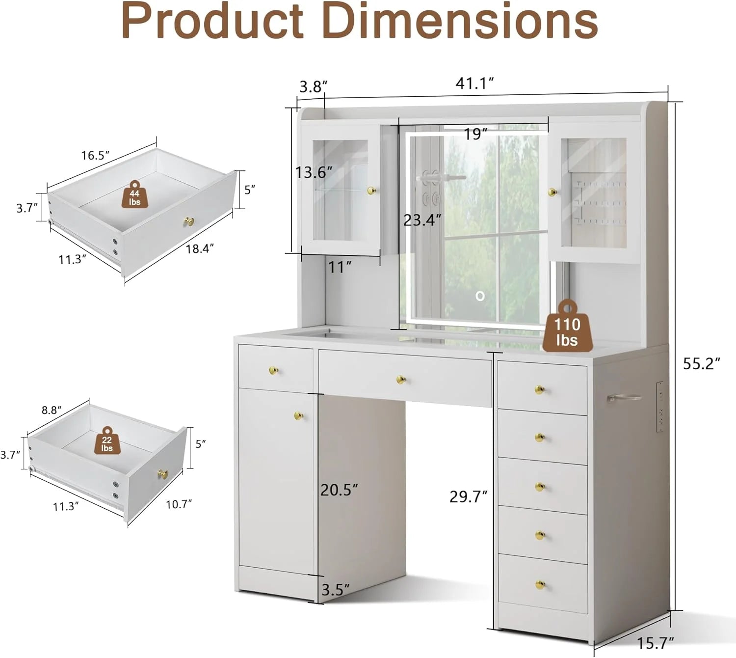 iPormis Vanity Desk with Mirror and Lights, Glass Top Makeup Vanity with RGB Light and Charging Station for Girls , White