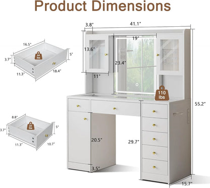 iPormis Vanity Desk with Mirror and Lights, Glass Top Makeup Vanity with RGB Light and Charging Station for Girls , White