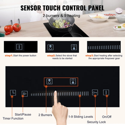 KFFKFF 2 Burner Electric Cooktop, 20 x 11.6 inches, 240V 3000W Glass Heat Plate with Touch-Sensitive Controls, Inbuilt Timer and Child Safety Feature, 9 Adjustable Heat Settings for Kitchen