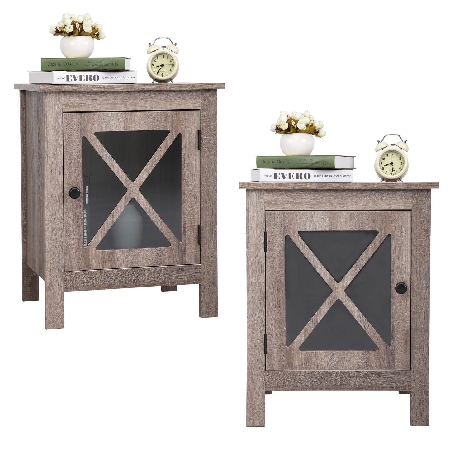 Jaxpety Set of 2 Nightstands Bedside Table W/x-Design Glass Door for Bedroom Living Room, Dark Gray