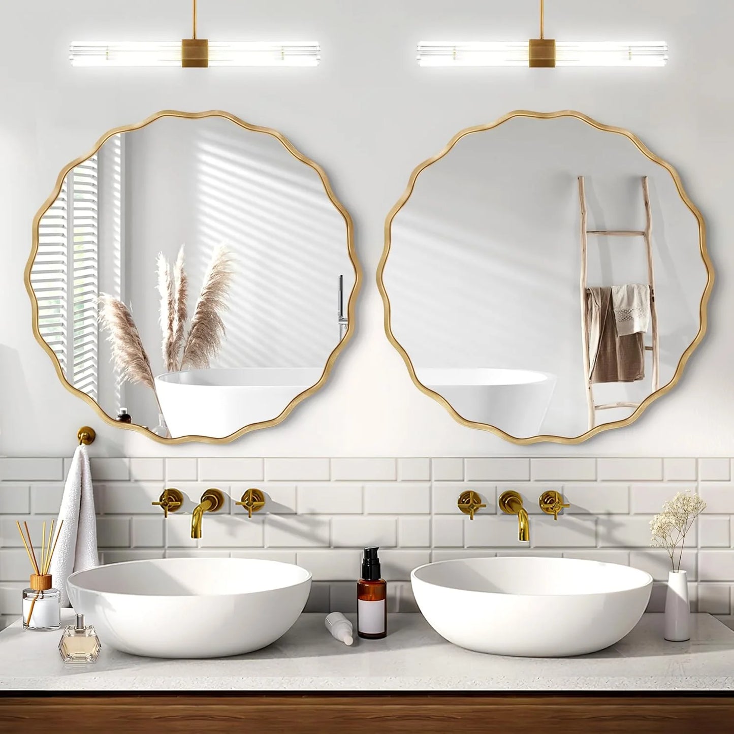 octopus Gold Round Wavy Mirror for Wall, 24"x24" Circle Scalloped Wall Mirror with Brushed Alloy Steel Frame& Shatter-Proof Glass, Hanging Decorative Mirror for Bathroom, Bedroom, Entryway