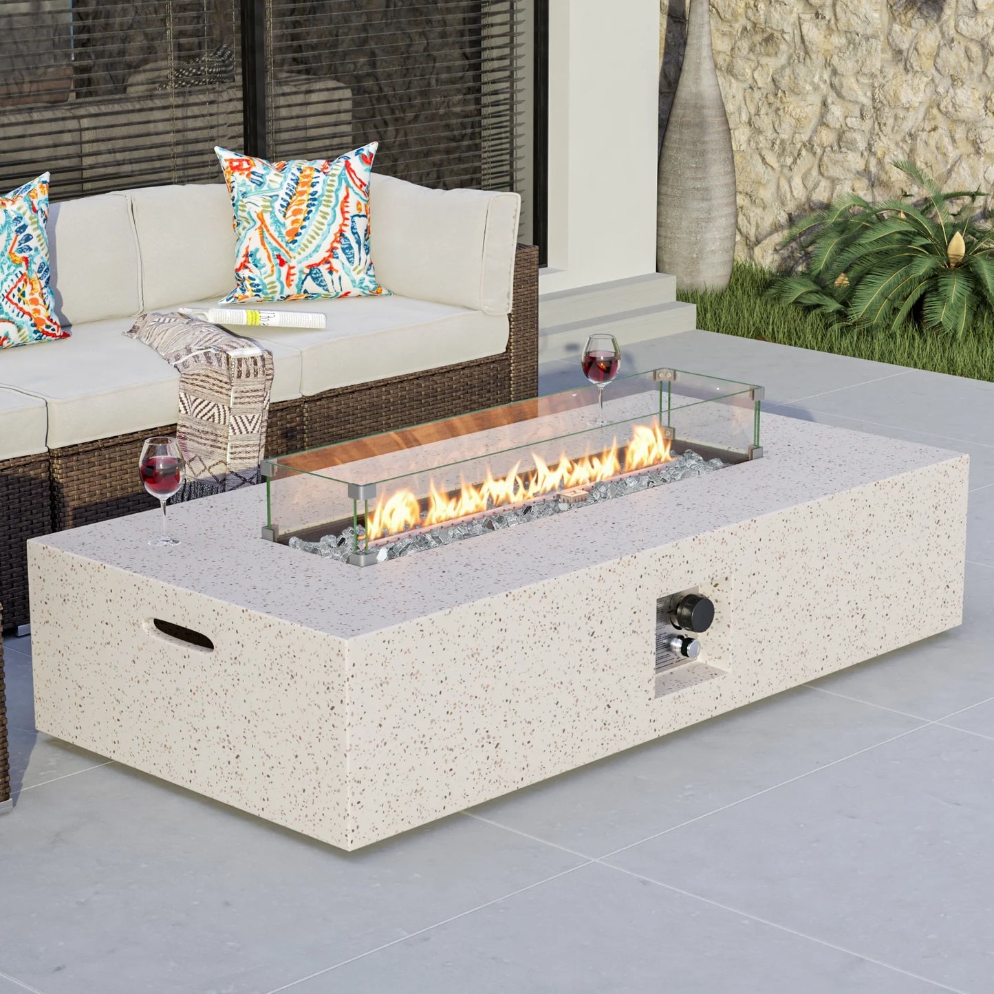 COSIEST Outdoor Rectangular Propane Fire Pit Table, Terrazzo White Concrete Finish, 50,000 BTU Stainless Steel Burner with Glass Wind Guard, Rain Cover