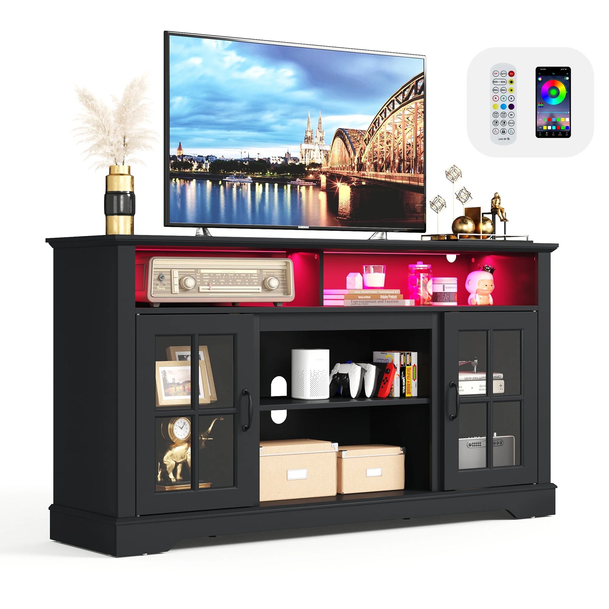 LINSY HOME Modern Glass TV Stand for TVs up to 65", LED Lights Home Entertainment Center with 2 Storage Cabinets and Adjustable Shelves, White