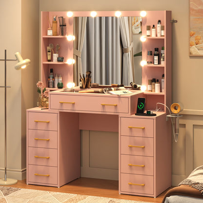 White Vanity Desk with Mirror & LED Lights, Glass Top Vanity Desk with Charging Station & Compartment Storage Drawers, 43" Large Makeup Vanity Table with 9 Drawers & 6 Shelves
