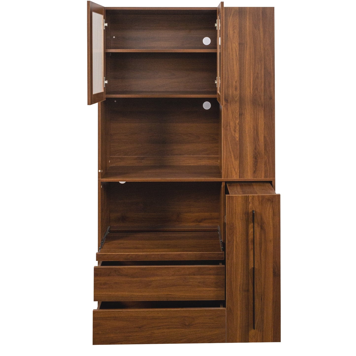 Kitchen Pantry Cabinet w/4-Tier Storage Cart, 2 Drawers & 2 Glass Doors, Tall Storage Cabinet w/Shelves