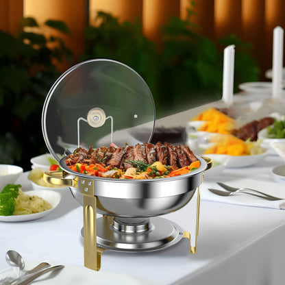 Chafing Dish Buffet Set 4 Pack: TINANA 5QT Stainless Steel Chafing Dishes with Glass Lid & Lid Holder, Round Food Warmers for Parties, Events, Wedding-Gold