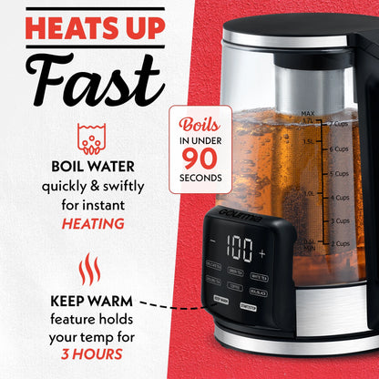 Gourmia 1.7L Programable Glass Kettle with Touch Display, Infuser, Black