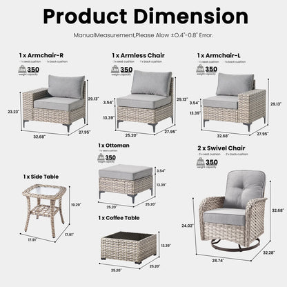 Ovios 8 Pieces Wicker Patio Furniture Sets Outdoor Conversation Sectional Sofa with Swivel Chairs & Glass Coffee Table