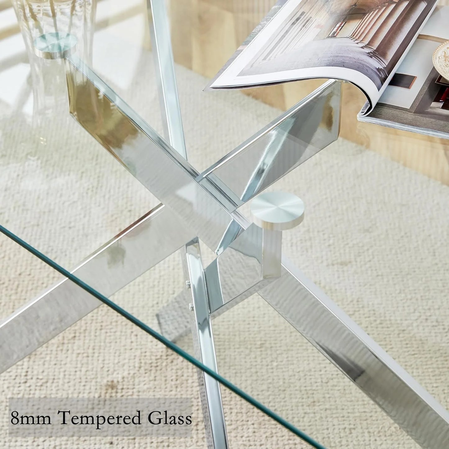 SSYBAB Glass Dining Table for 4 People, 51.2 Inches Rectangular Glass Kitchen Table with Silver Steel Legs, Modern Dining Room Table for Dinner Kitchen Dining Room