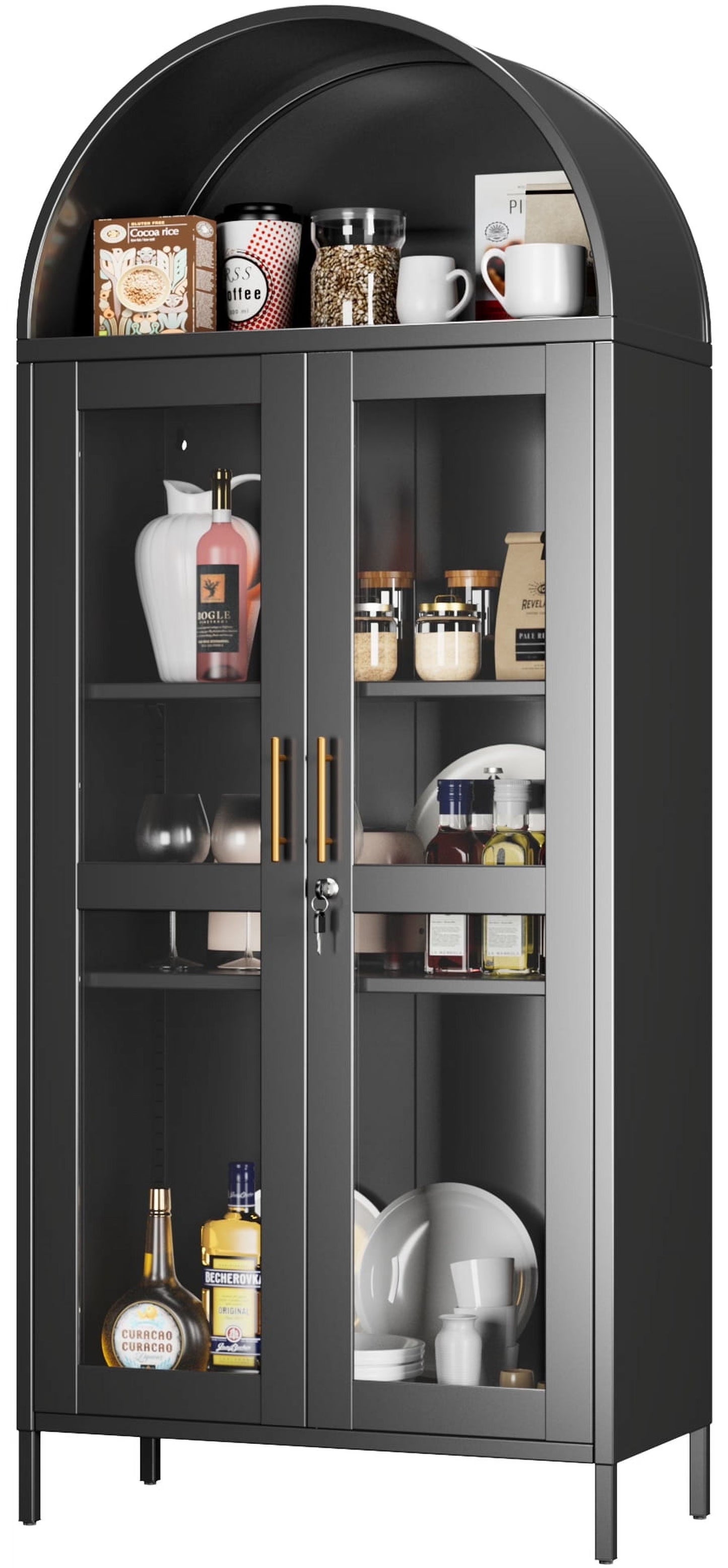 SUXXAN Metal Arched Storage Display Lockable Cabinets with Glass Doors and Adjustable Shelves, Assembly Required, Black