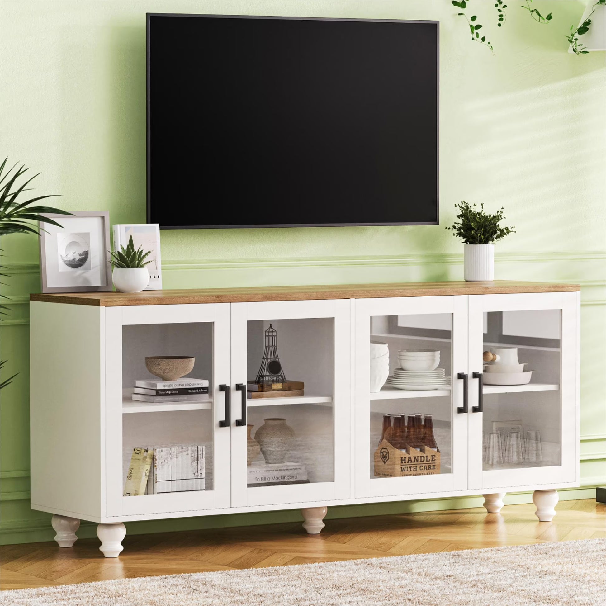 Euroco 110" Entertainment Center Wall Unit Set with Glass Display Cabinets, Adjustable Shelves & Vintage TV Stand for TVs up to 85", Farmhouse Style Media Console with Storage, Gourd Legs