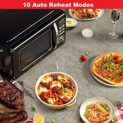 Galanz Retro Countertop Microwave Oven with Auto Cook & Reheat, Defrost, Quick Start Functions, Easy Clean with Glass Turntable, Pull Handle, .9 cu ft, Black