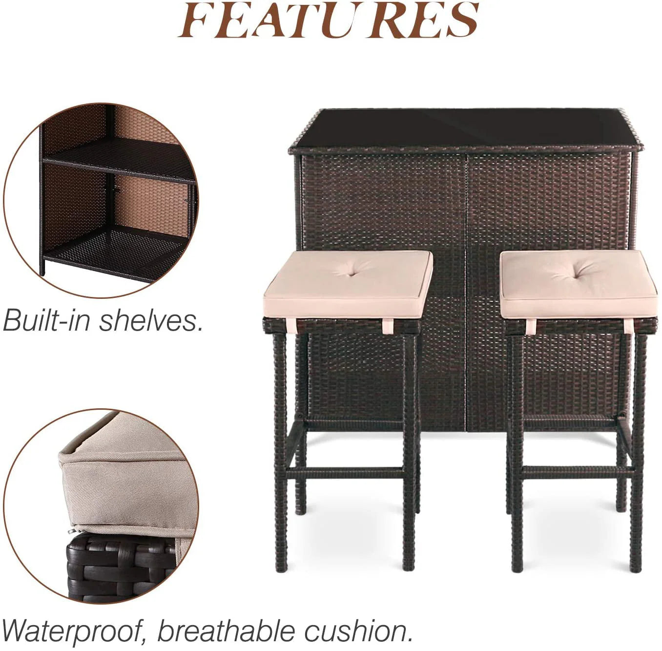SOLAURA 3PCS Patio Outdoor Wicker Bar Set with Two Bar Stools and Glass-Top Table - Brown