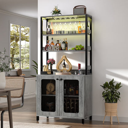 Homieasy Bar Cabinet with Power Outlets, 67" Tall Wine Cabinet Liquor Cabinet with LED Lights and Glass Holder, Coffee Bar Station for Kitchen, Dining Room, Living Room, Black