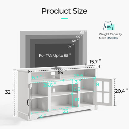 LINSY HOME Modern Glass TV Stand for TVs up to 65", LED Lights Home Entertainment Center with 2 Storage Cabinets and Adjustable Shelves, White