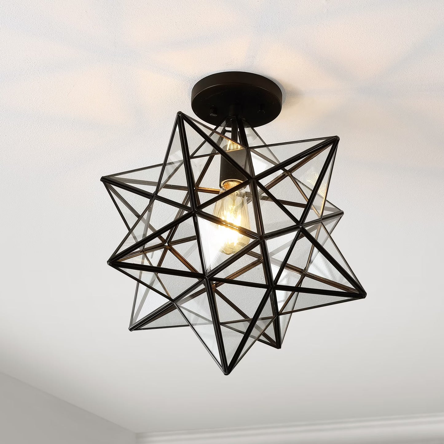 JONATHAN Y Ava 14.5" 1-Light Farmhouse Bohemian Iron/Glass LED Semi Flush Mount, Black/Clear