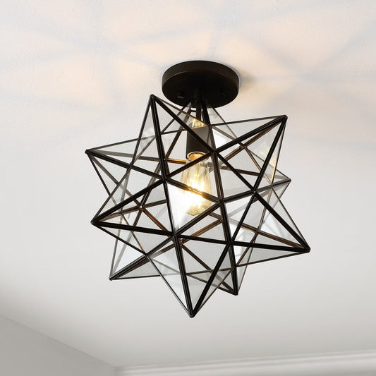 JONATHAN Y Ava 14.5" 1-Light Farmhouse Bohemian Iron/Glass LED Semi Flush Mount, Black/Clear