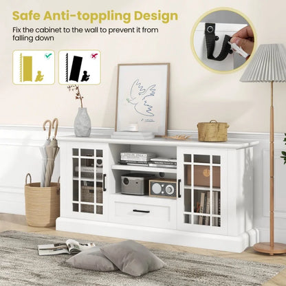 TV Stand for TVs up to 70 with Glass Doors Cubbies and Drawer