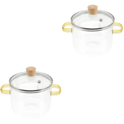 Homemaxs 2pcs Clear Glass Stockpot with Lid and Double Ear Noodle Cooking Pot Ramen Pot Glass Cookware