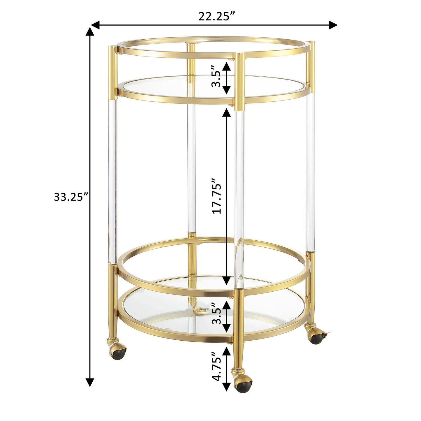 Royal Crest Two-Tier Acrylic Round Bar Cart in Clear Glass with Gold Metal Frame