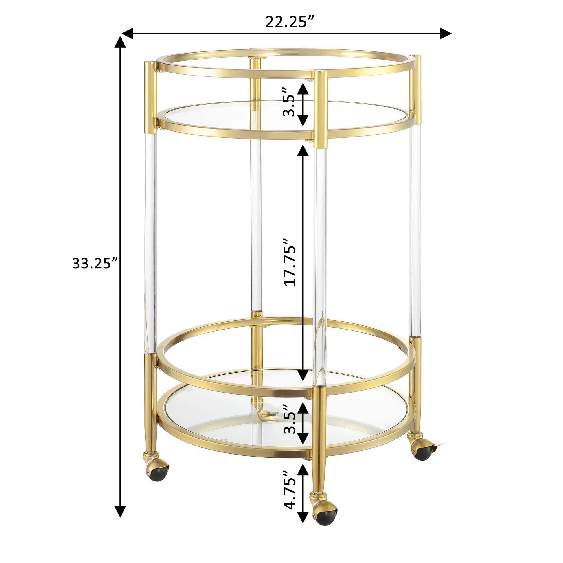 Royal Crest Two-Tier Acrylic Round Bar Cart in Clear Glass with Gold Metal Frame