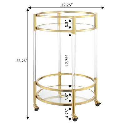 Royal Crest Two-Tier Acrylic Round Bar Cart in Clear Glass with Gold Metal Frame