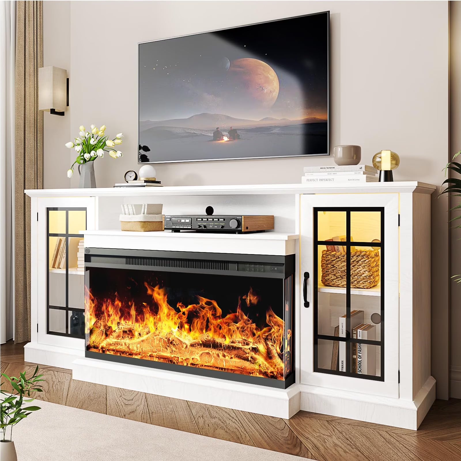 Easoger Fireplace TV Stand for TVs up to 65", 12 Flame Colors&12 LED Light Colors, TV Console with 3-Sided Glass Fireplace, for Living Room, Gray