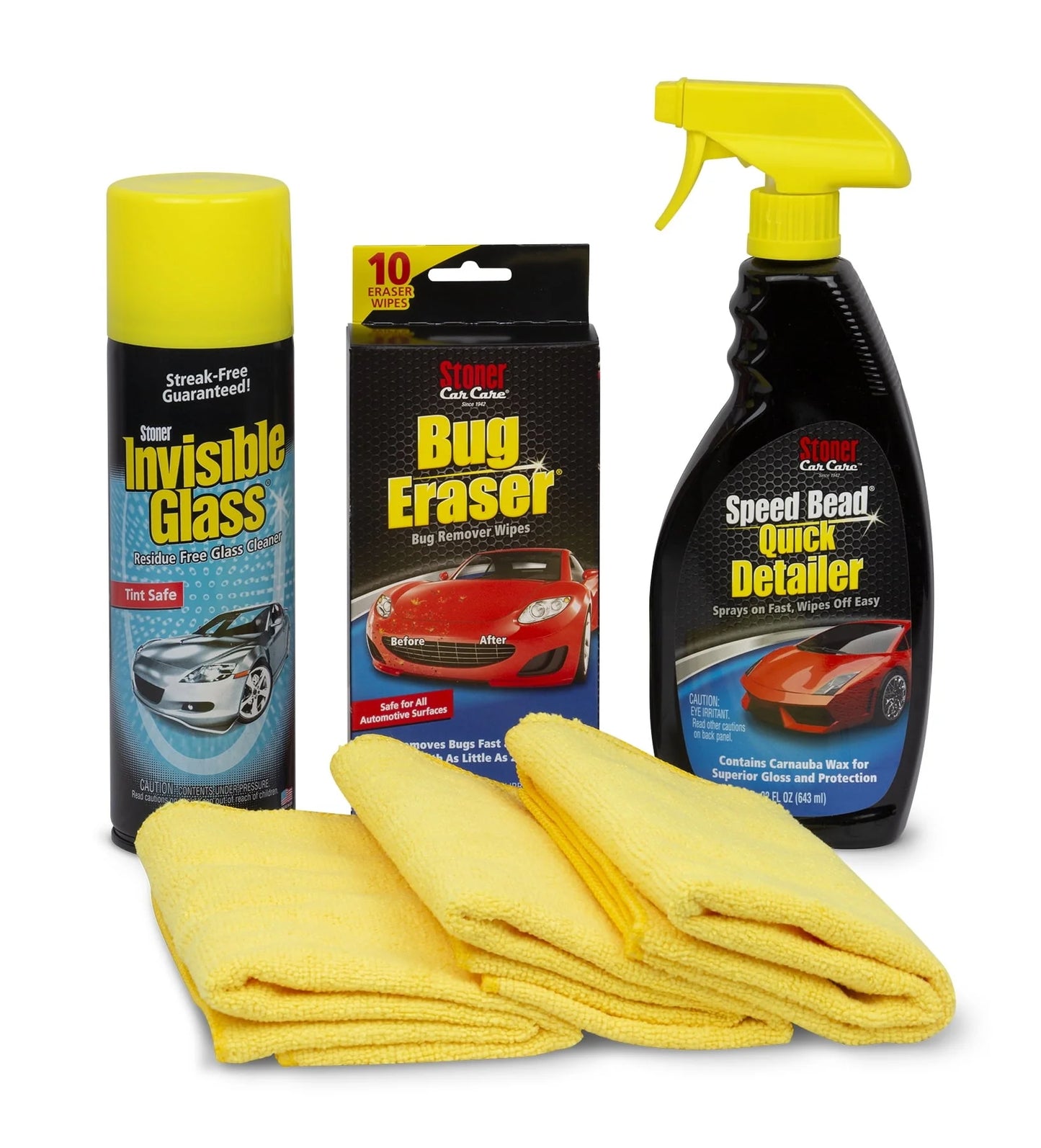 Stoner Car Care 99004 Car Show Touch-Up 6-Piece Kit for Automotive Detailing with Speed Bead Quick Detailer for Shine and Gloss, Grime Eraser, Invisible Glass Premium Glass Cleaner, Three Microfibers