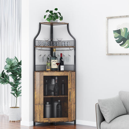 COZONY 5-Tier Retro-Styled Corner Bar Cabinet with Wine Rack, Glass Holder, and Storage Shelves, 60.6"H