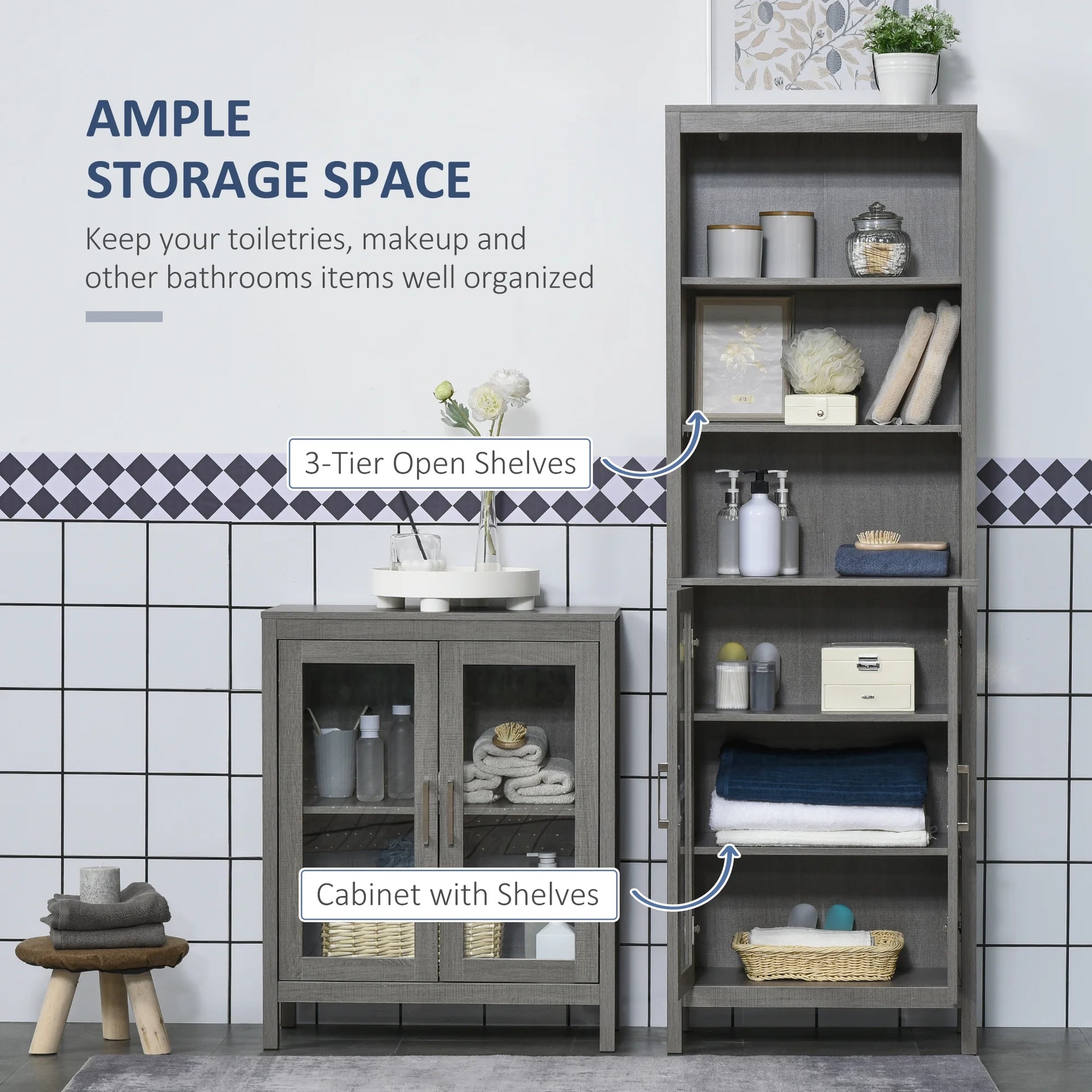 kleankin Tall Bathroom Storage Cabinet with 3 Tier Shelf, Glass Door Cabinet, Freestanding Linen Tower with Adjustable Shelves, Antique White