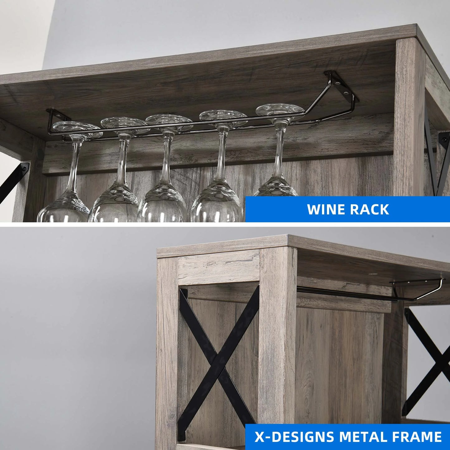 DEXTRUS 67" Tall Kitchen Pantry Cabinet with Glass Hanging Rack, Liquor Storage, Home Wine Bar, Gray